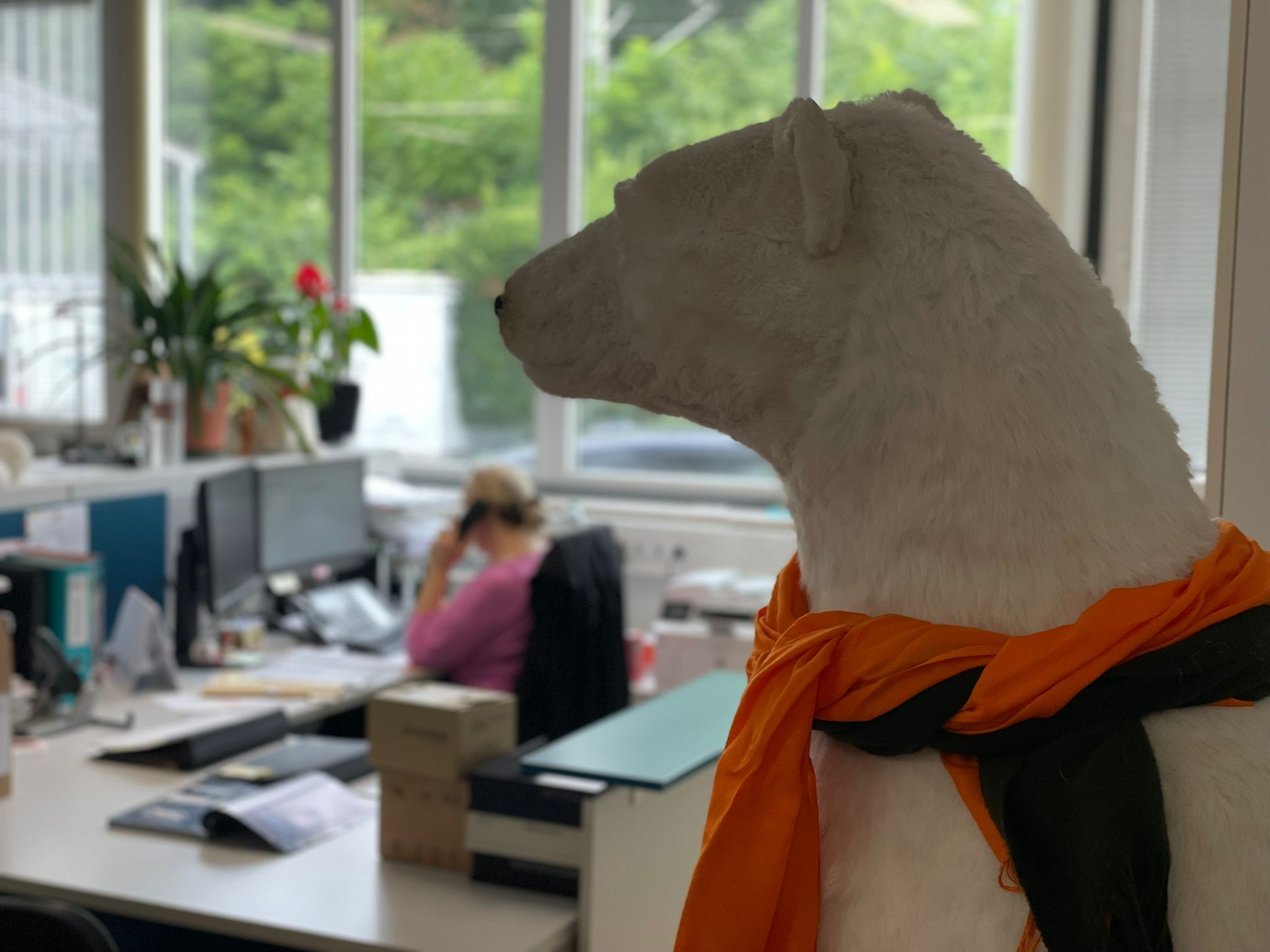 Eisbär-Figur mit orangefarbenem Schal im Büro von Eisbär Kältetechnik Wien